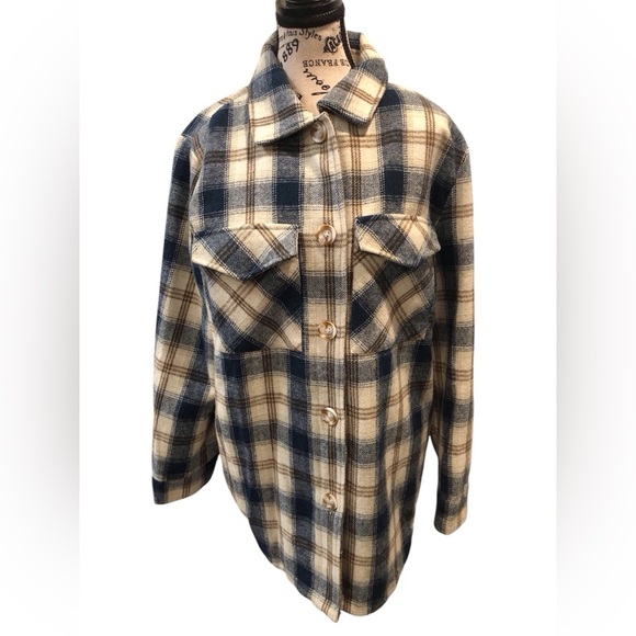 Ellison Womens Large Outdoor Blue, White, Tan Plaid Wool Blend Shacket Jacket - Picture 1 of 7